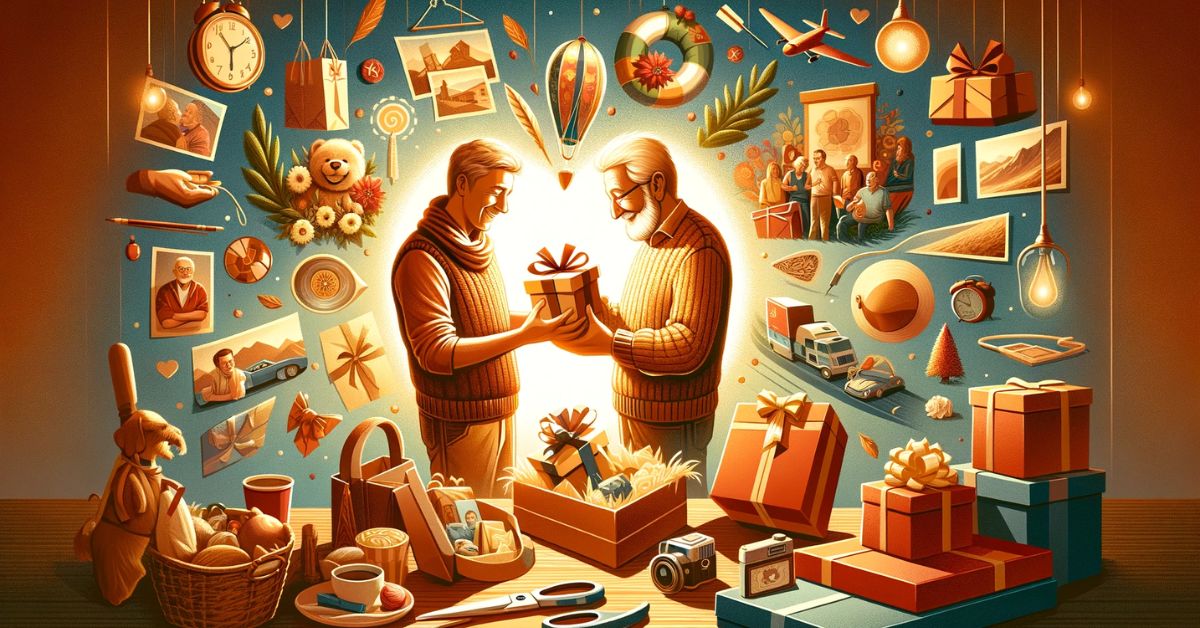 Mand modtager en gave omgivet af gaveideer